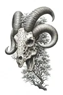 Aries Ram skull with willow trees looking through lens tattoo design idea