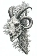 Aries Ram skull with willow trees looking through lens tattoo design idea
