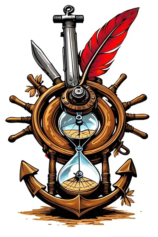 flintlock pistol, cutlass, quill pen, nautical compass, fouled anchor, ship's wheel, hourglass tattoo design idea