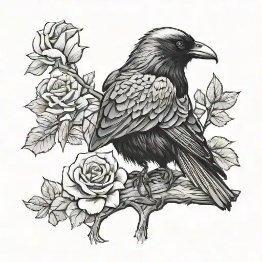 black-and-white raven sits perched on a branch, its wings slightly outstretched as if in flight. with roses around him tattoo design idea