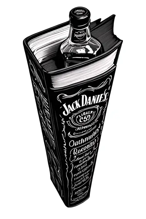 jack daniels bottle sitting on a black book tattoo design idea