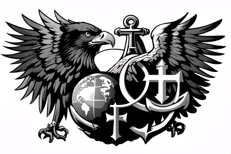 eagle holding globe anchor with Chi Rho Alpha sybol on left omega symbol on right tattoo design idea