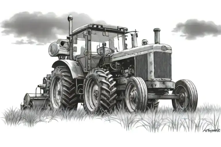 tractor barn feild realistc Black and White tattoo design idea