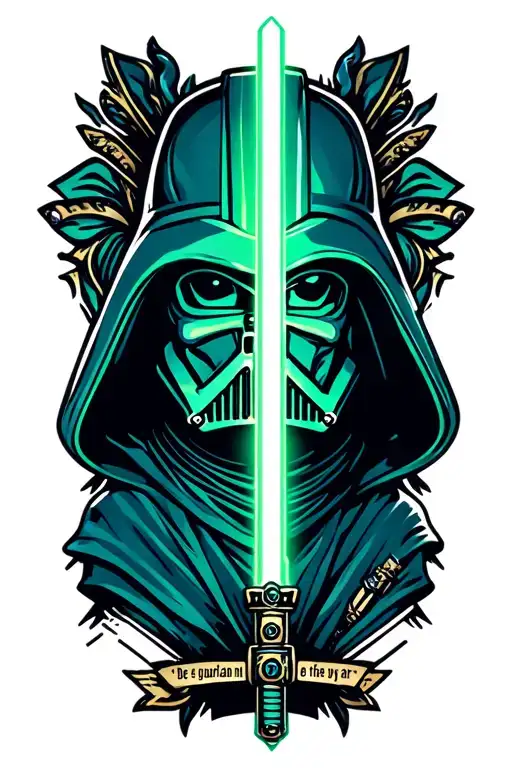 Jedi Icon, Crossguard lightsaber, green and blue, quote: "Be a guardian of peace in a galaxy at war. " tattoo design idea