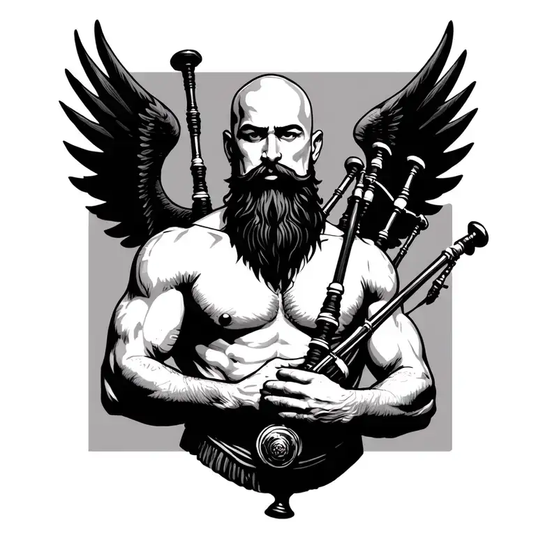 scottish bagpiper bald black beard  muscular wearing pipes in arm big black wings shirtless tattoo calm face tattoo design idea