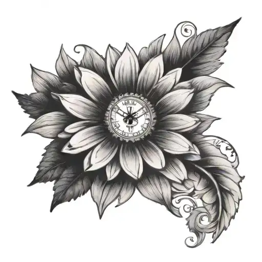 Gerbera daisy with clock with name tattoo design idea