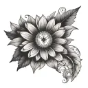Gerbera daisy with clock with name tattoo design idea
