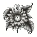 Gerbera daisy with clock with name tattoo design idea