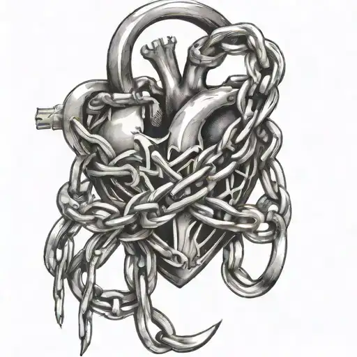 flesh open, revealing heart locked by chains tattoo design idea