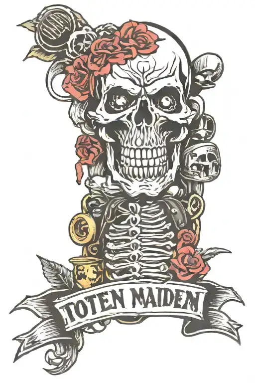 Speakers, notes, fine cream fish fillet, broilers, Iron Maiden sign, punk rock, Toten Hosen skull, tattoo design idea