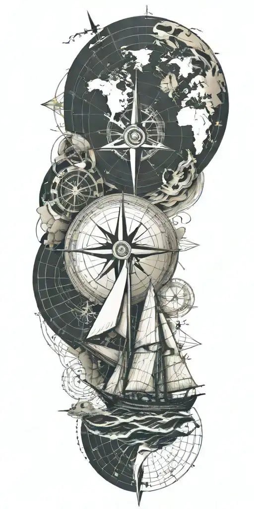 An adventurous tattoo design incorporating sailing and geography, showcasing a compass rose surrounded by nautical elements and world map details tattoo design idea