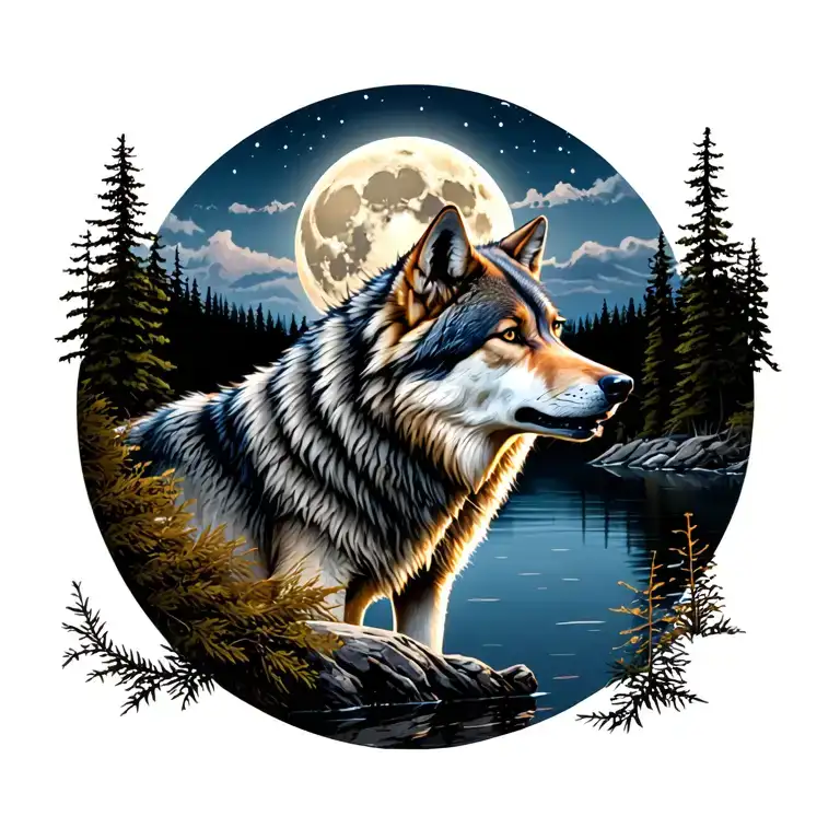 adult wolf in front of a lake forest howling at the moon in the distance tattoo design idea