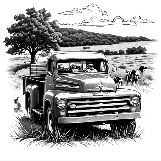 A dotwork tattoo of a vintage pickup truck driving through a scenic Texas countryside, with a grill in the back and a loyal dog riding shotgun, reflecting your passion for driving and grilling outdoors tattoo design idea