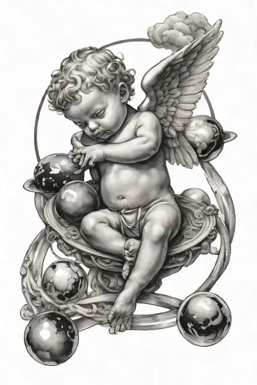 baby angel watching statue reaching for planets tattoo design idea