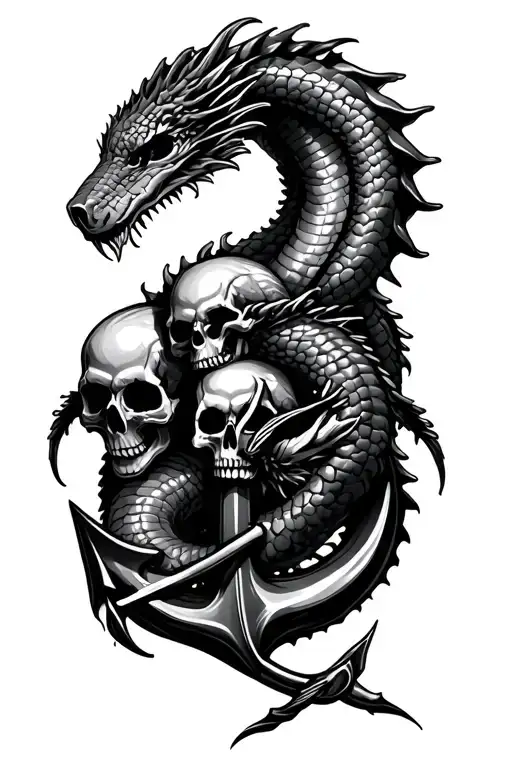 Sea Serpent wrapped around anchor with skulls tattoo design idea