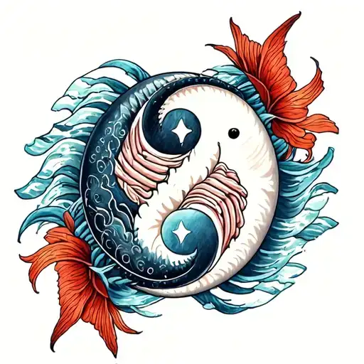 great white shark and pisces, ying yang symbol intertwined tattoo design idea