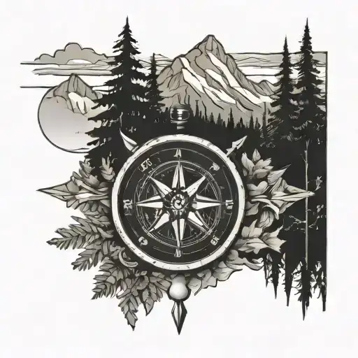 compass arrow mountain trees tattoo design idea