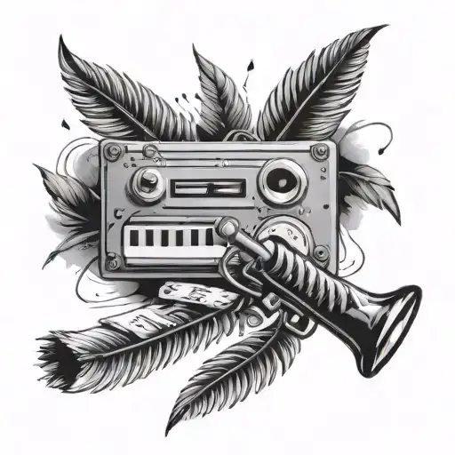 Quill that draws a score flow with a whole bunch of musical notes, a movie clapperboard, a video game controller tattoo design idea