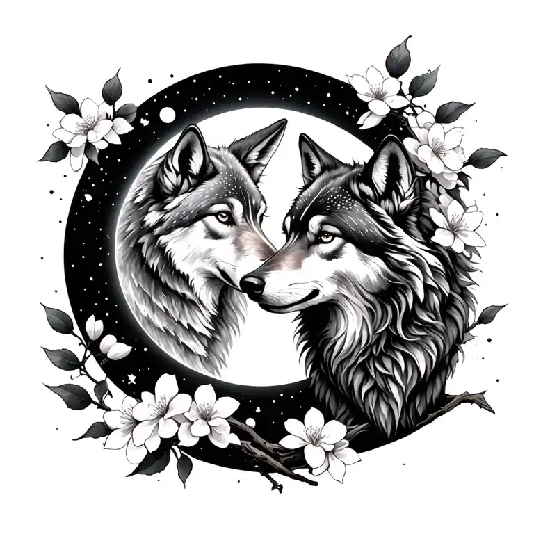 moon, wolf, and cherry blossom  tattoo design idea