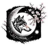 moon, wolf, and cherry blossom  tattoo design idea