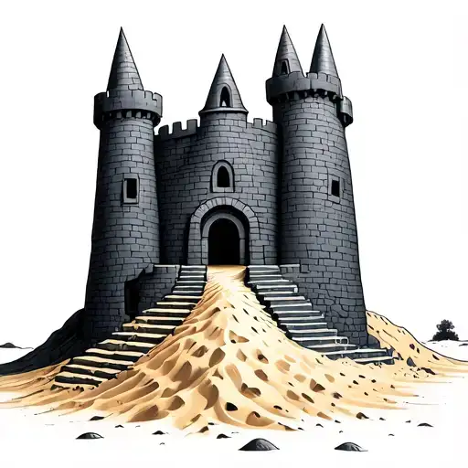 bright and peaceful sand castle on pile of sand with stairs leading to it tattoo design idea