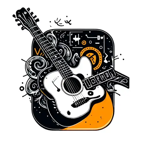 A tattoo featuring a guitar intertwined with digital app development symbols tattoo design idea