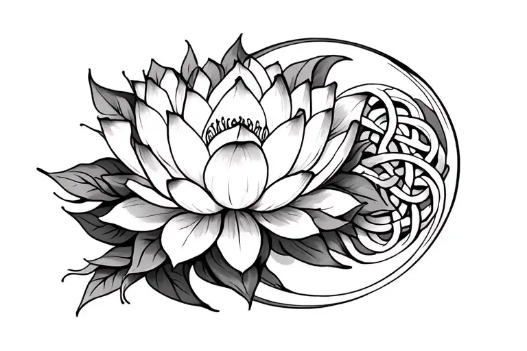 lotus flower, witches knot, and moon pase design tattoo design idea
