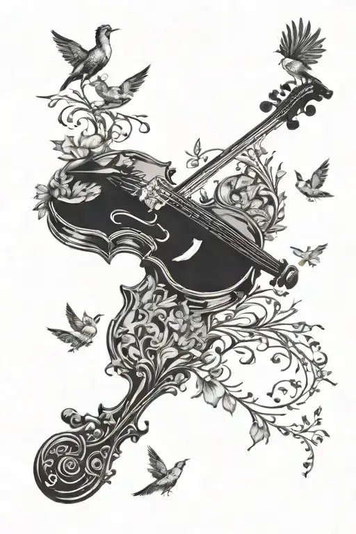 A surreal tattoo of a vintage violin transforming into a flock of birds, symbolizing the freedom and creativity that music brings, in blackwork style tattoo design idea