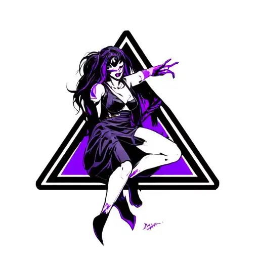 Susie from Deltarune in a menacing pose, inside triangle, with purple and black ink tattoo design idea