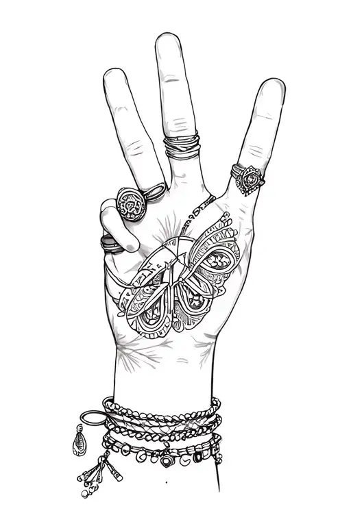 Peace sign hand with bracelets and rings — bohemian, youthful vibe. tattoo design idea