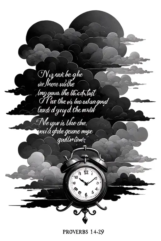 bible verse Proverbs 14:29 written out with the verse name under it  with a small clock and half clouds  tattoo design idea