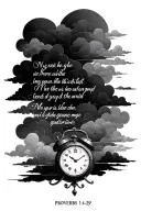 bible verse Proverbs 14:29 written out with the verse name under it  with a small clock and half clouds  tattoo design idea