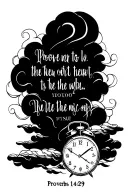 bible verse Proverbs 14:29 written out with the verse name under it  with a small clock and half clouds  tattoo design idea