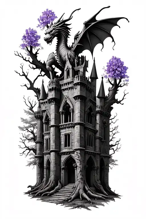 gothic castle abandoned in a forest has old oak tree add  the violet flower dragon on top of castle lion statue realist tattoo design idea