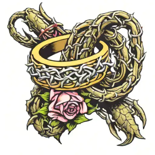 A Male and a female wedding ring with a crown of thorns in between to indicate that a three corded knot cannot be broken tattoo design idea