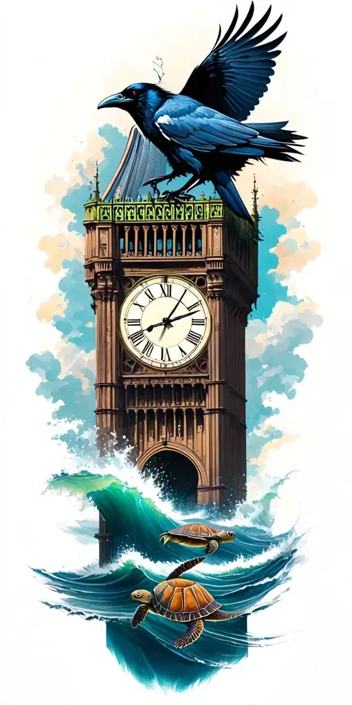 full sleeve tattoo featuring a raven flying around a clock tower with an ocean background that has a turtle swiming tattoo design idea