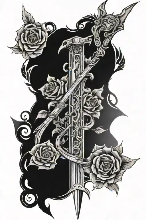 A spine tattoo design featuring a shattered sword, symbols of the goddesses Aphrodite and Hekate and a snake tattoo design idea