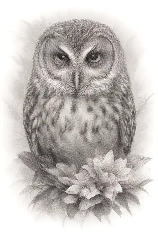 barred owl and dogwood flower blooming tattoo design idea