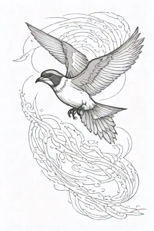 "Black-and-white tattoo of a storm petrel in flight with wind motifs. Elegant, minimalist, non-realistic, clean, simple  tattoo design idea