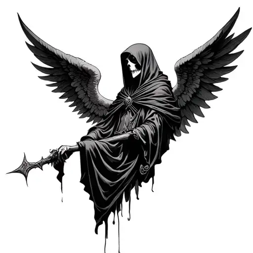 grim reaper angel with wings peaceful scene tattoo design idea