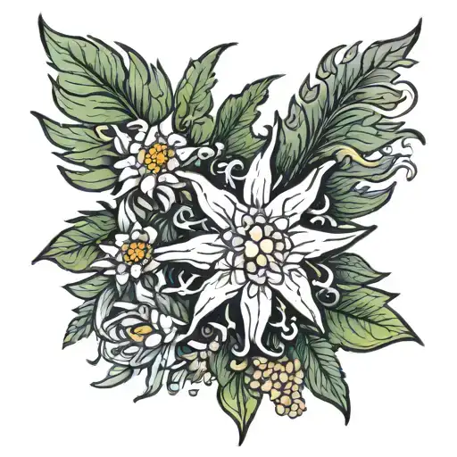 Use an edelweiss as basis. Draw a tattoo about leaving the military and embracing the surf lifestyle tattoo design idea