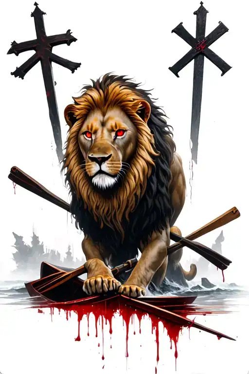 bloody lion with red eyes over faded crosses and rowing like it's ready for more challenges tattoo design idea
