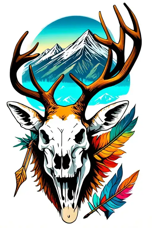 American mule deer skull with mountains and a feathered arrow tattoo design idea