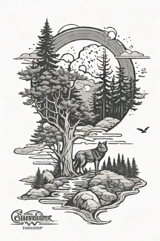 pine tree forest, wolves, moon, mountains, water, fire tattoo design idea