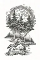 pine tree forest, wolves, moon, mountains, water, fire tattoo design idea