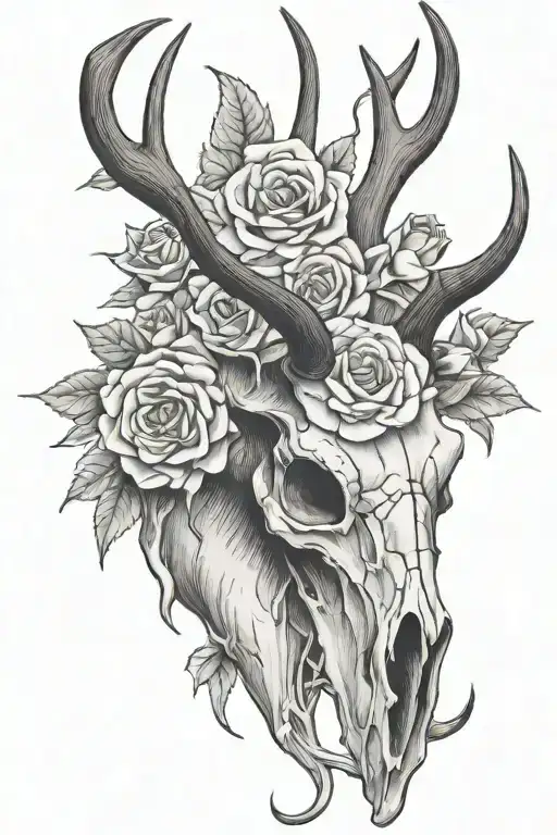 elk skull with roses tattoo design idea