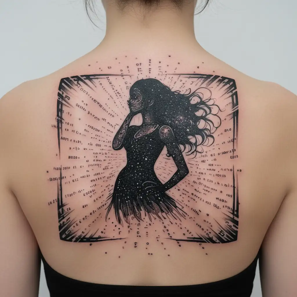 A sexy woman silhouetted against a galaxy backdrop, with hidden Morse code messages intertwined in the stars tattoo design idea