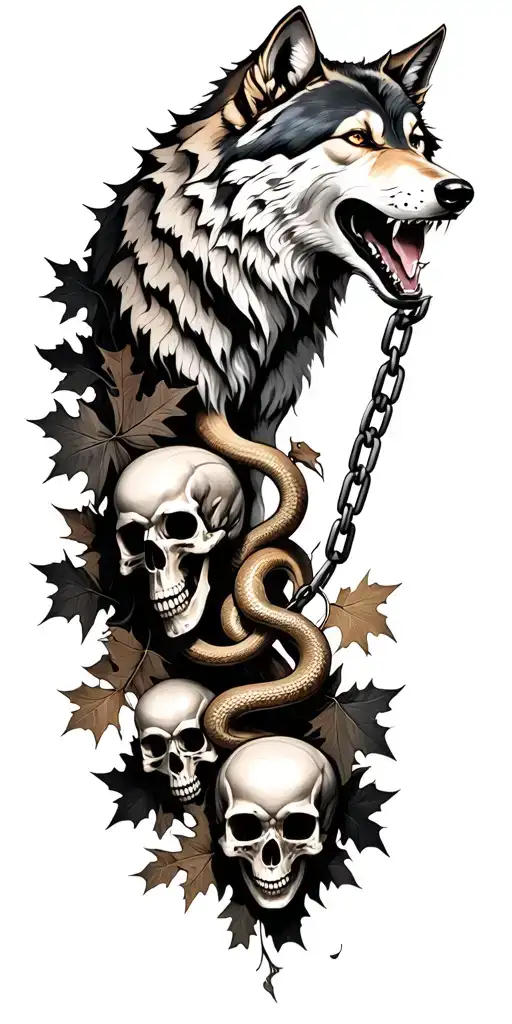 A wolf biting a broken chain, flowing into oak leaves, dark plants with three skulls one with a snake, ending in a witch tattoo design idea