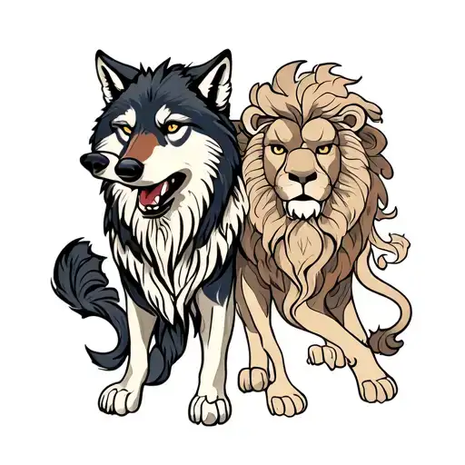 Design a tattoo featuring a wolf and a lion in a Japanese style tattoo design idea