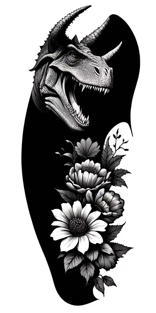 triceratops in flowers leading up to a Halloween scene tattoo design idea